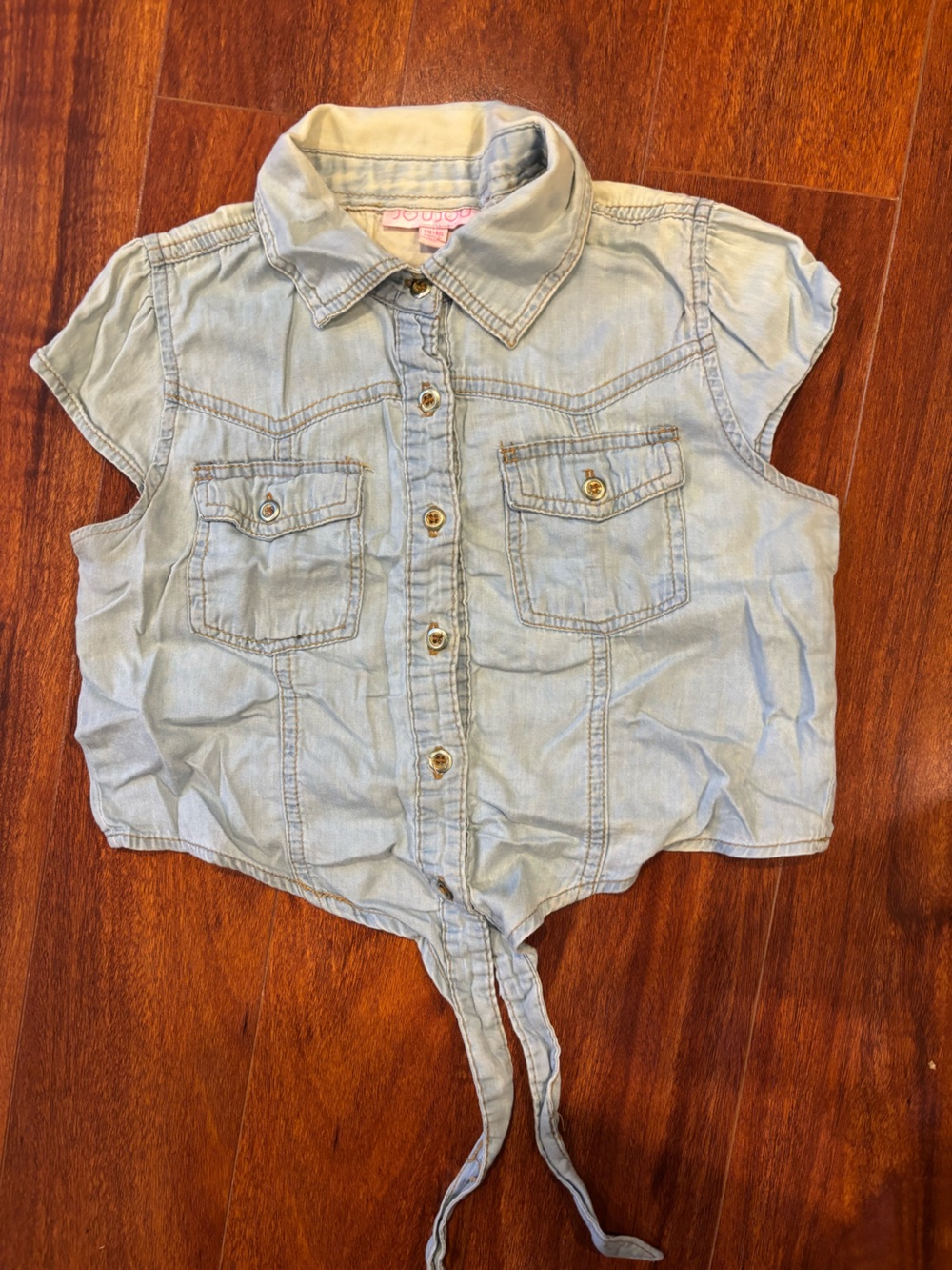 Light Wash Cropped Tie-Front Denim Shirt -Kids